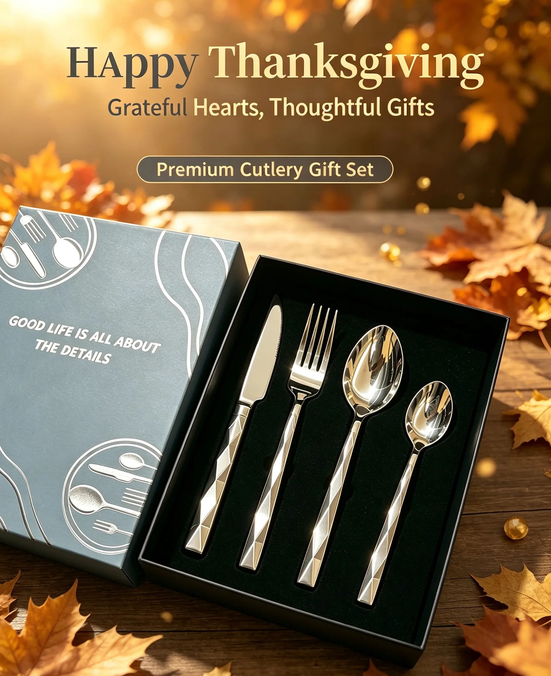 Thanksgiving Gift Box 4‑Piece Cutlery Kit,Diamond Handle 304&420 Stainless Steel Home Dinner Tableware
