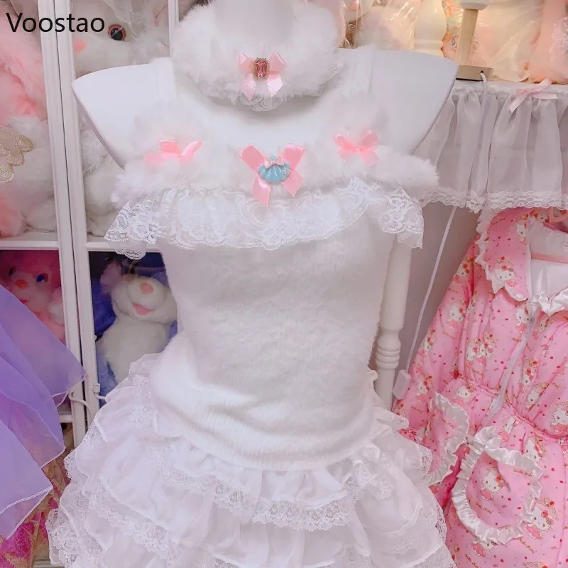 Sweet White Lolita Style Knitted Camisole Women Sweet Plush Bear Ears Bow Mermaid Shell Lace Ruffles Tank Tops Y2k Princess Vest