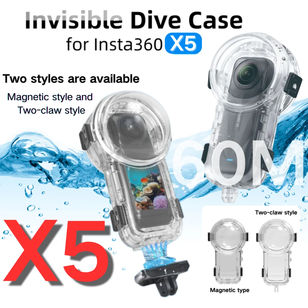 

Invisible Dive Case for Insta360 X5, 60m/196ft Waterproof Case Underwater Diving Housing Shell for Insta 360 X5 Protective Case
