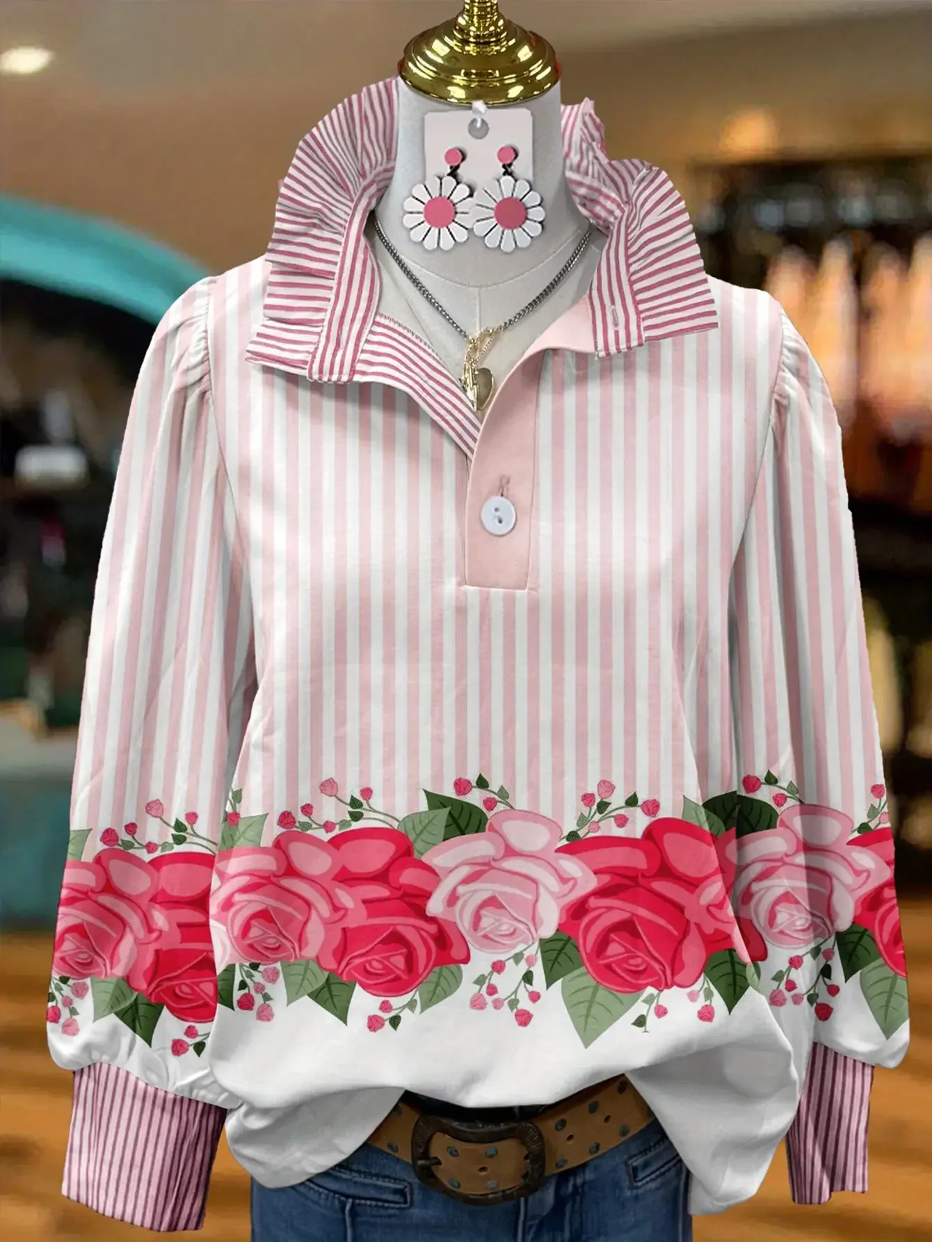 

Ladies' striped casual shirt with multi-color striped collar and The combination of pink and white striped roses