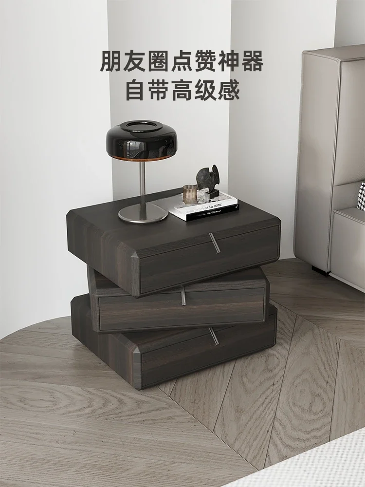 Bedside Table Simple Rotatable Bedside Cabinet Smoked Wood Color Advanced Sense Bedroom Cabinet