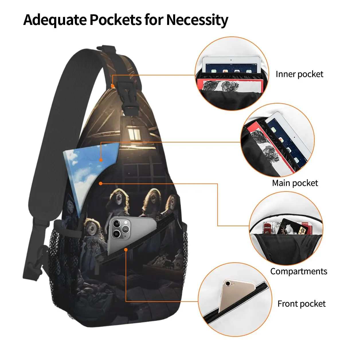 Haunted Attic With Possessed Creepy Dolls Chest Bag Men Sling Crossbody Backpack Chest Bag Traveling Hiking Daypack Shoulder Bag