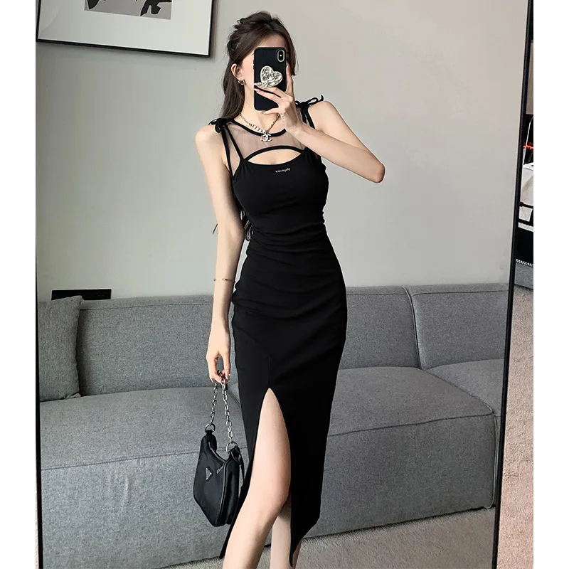 2024 Summer New Ken Bean Skirt American Premium Fake Two Piece Splicing Sweet Desire Slimming Split Hip Wrapping Long Dress