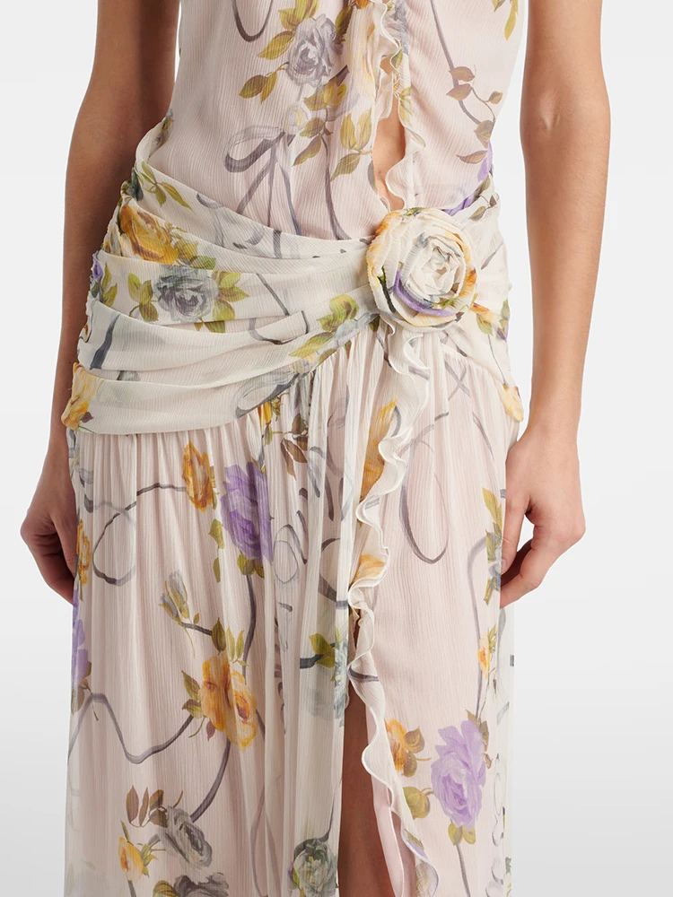 Abito lungo monospalla con stampa floreale bohémien, da donna, senza maniche, senza schienale, per festival musicali, abbigliamento estivo per scariole