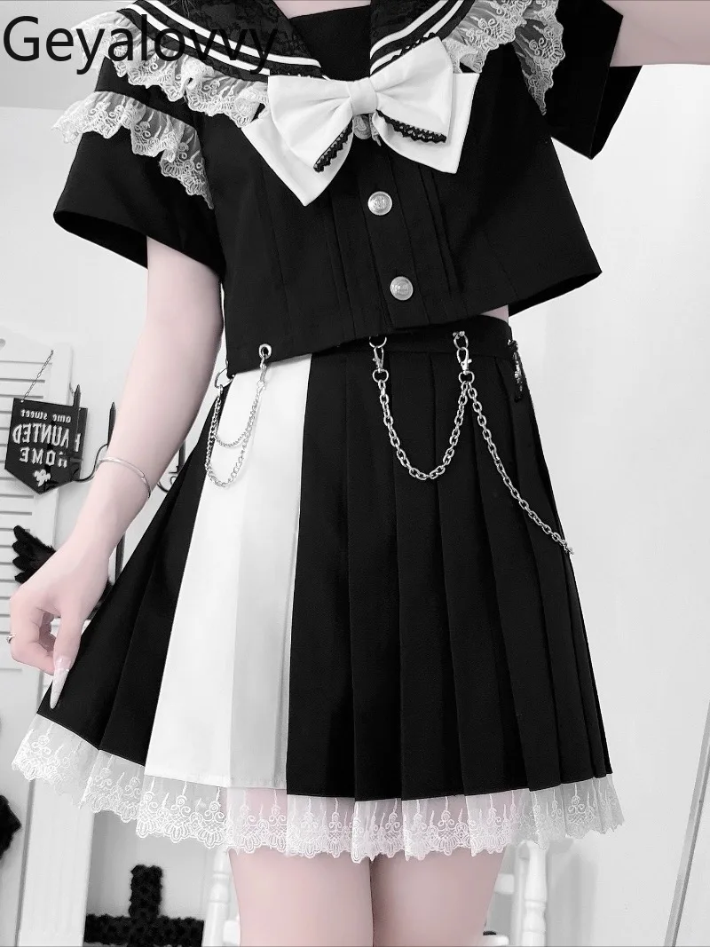

Japanese Original Gothic Style Black White Color Block Short Sleeve Top and High Waist Short Pleated Skirt Sweet Girl Set