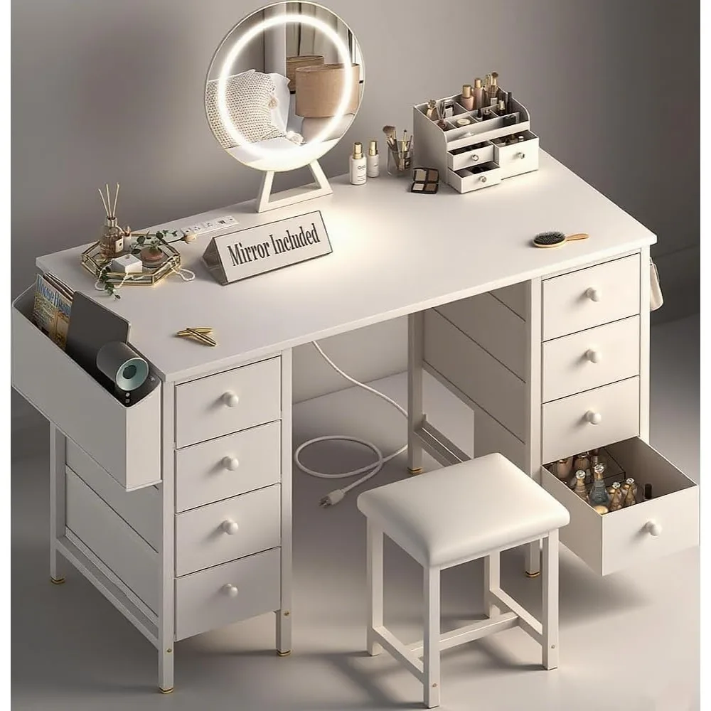 

White Vanity Desk with Mirror and Light- Makeup Vanity Set Table with Chair, Storage, Lighted Mirror, 8 Large Fabric Drawers