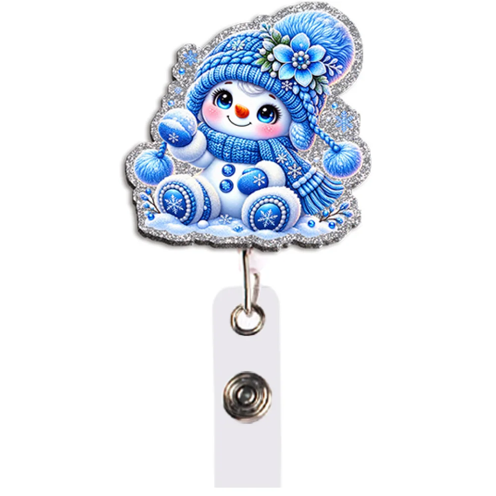 Kawaii Christmas Snowman Badge Reel Retractable ID Holder Scarf Hat Penguin Gift for Student School Office Commute