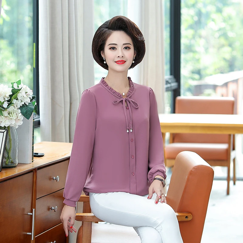 Summer Women Elegant Solid Chiffon Shirt Fashion Casual  Fungus Edge Bow Long Sleeve Tops Ladies Loose Mom Blouse