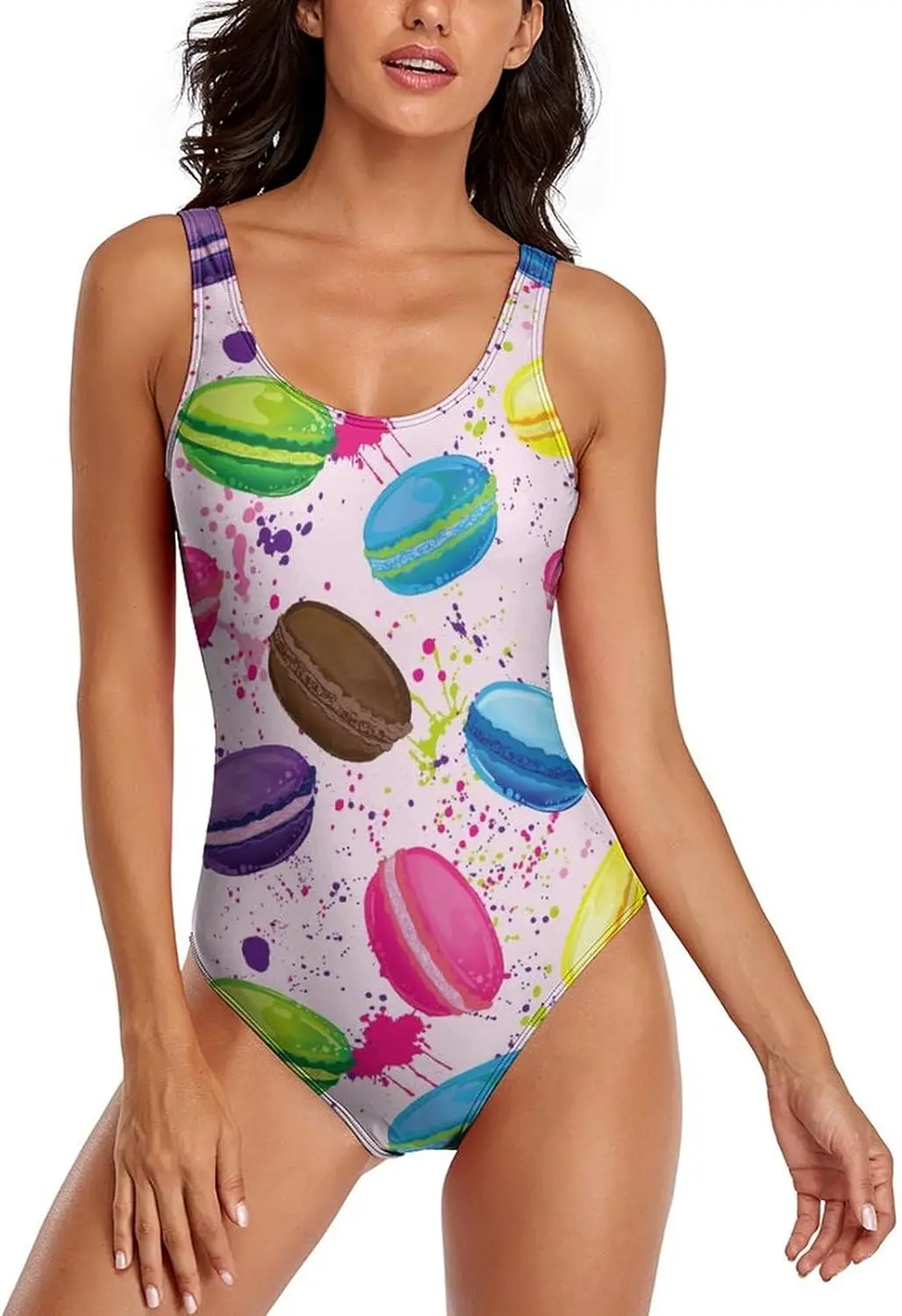 

Luxy Trio Colorful French Macaron Cookies Women's One Piece Swimsuits Athletic Training Swimwear Bathing Suits
