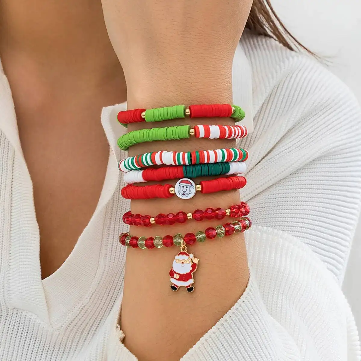 

KunJoe 7Pcs/Set Red Crystal Beads Chain Bracelet Women Exquisite Santa Claus Pendant Elasticity Bracelets Christmas Jewelry Gift