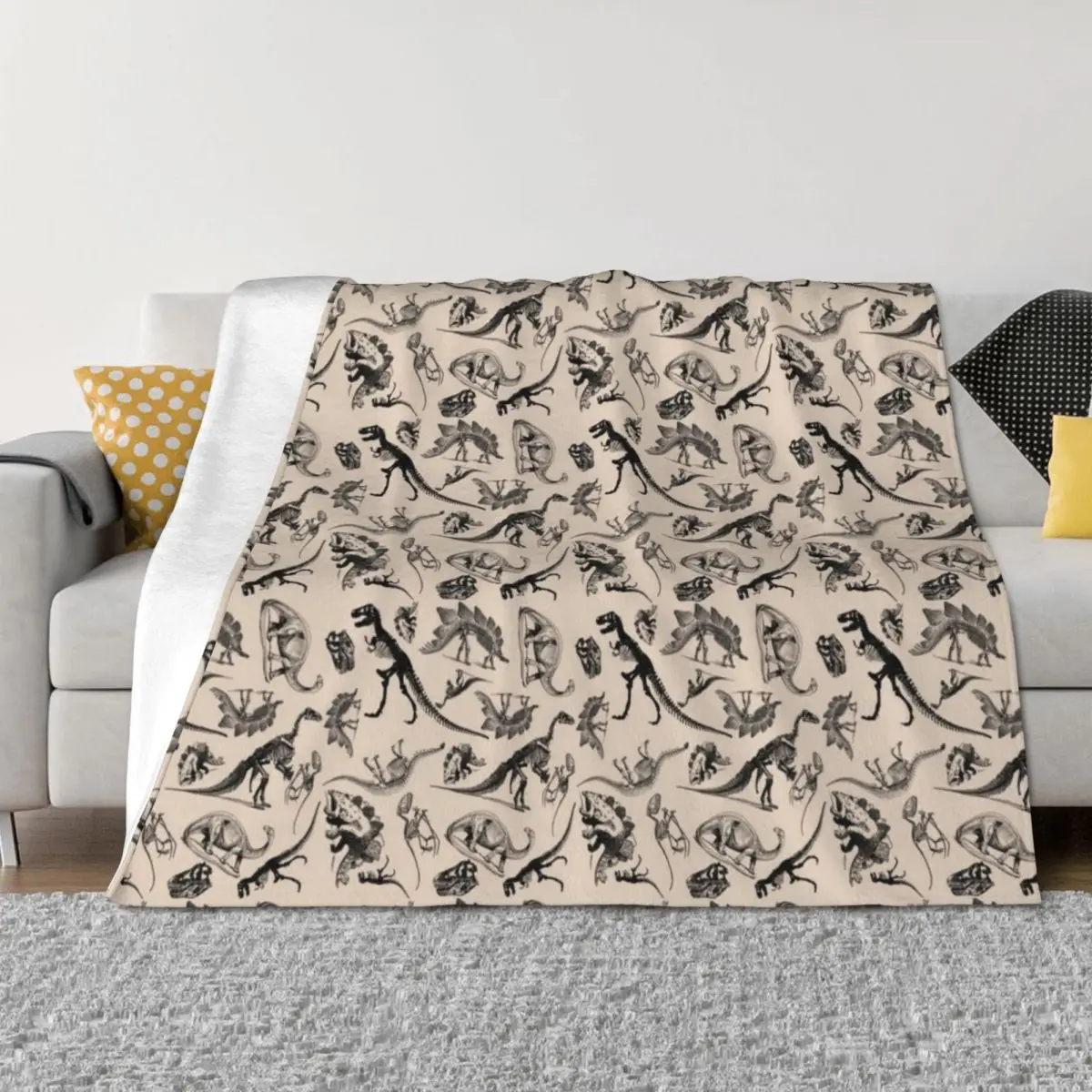 

Vintage Museum Dinosaurs and Skeletons Black and Cream Throw Blanket Plaid on the sofa Thins Luxury Brand Single Blankets