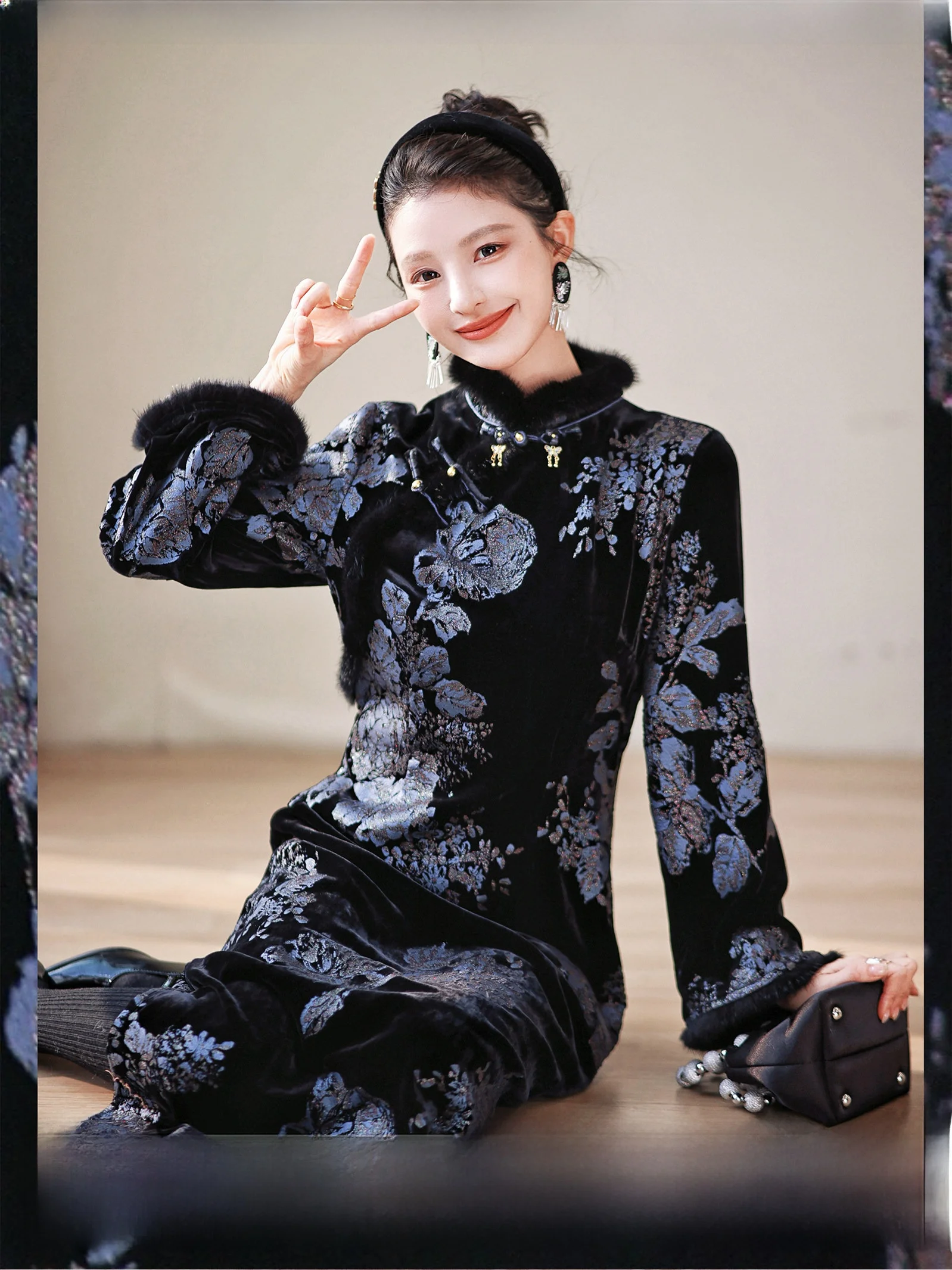 

ZhaodaXi True Silk Velvet Handmade Gold Printing Proc Dr Long Sve Stand Collar Commute Sle Winter Faion