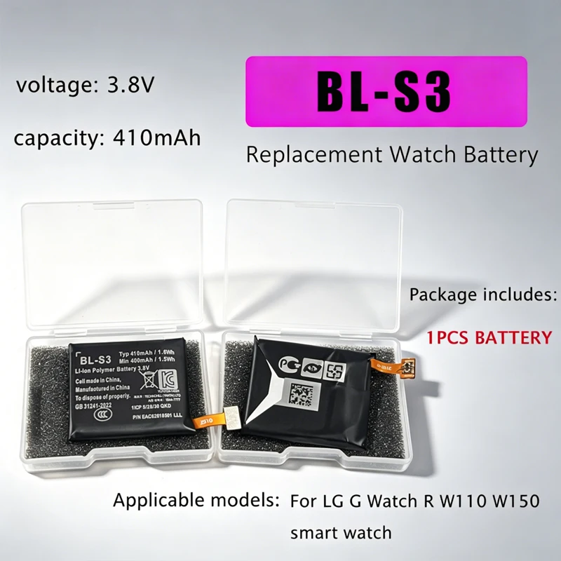 Batería de Reloj BL-S3 de 410 mAh, 3.8V, Baterías de Repuesto de Polímero de Iones de Litio para Relojes Inteligentes LG G Watch R W110 W150 BLS3 BL S3
