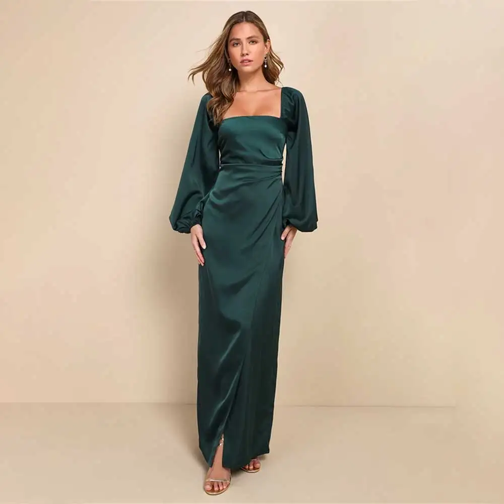 

Women's Formal Evening Gowns Elegant Square Neck Pleated Long Sleeve Evening Dresses Women Elegant Exquisite Cocktail Dresses