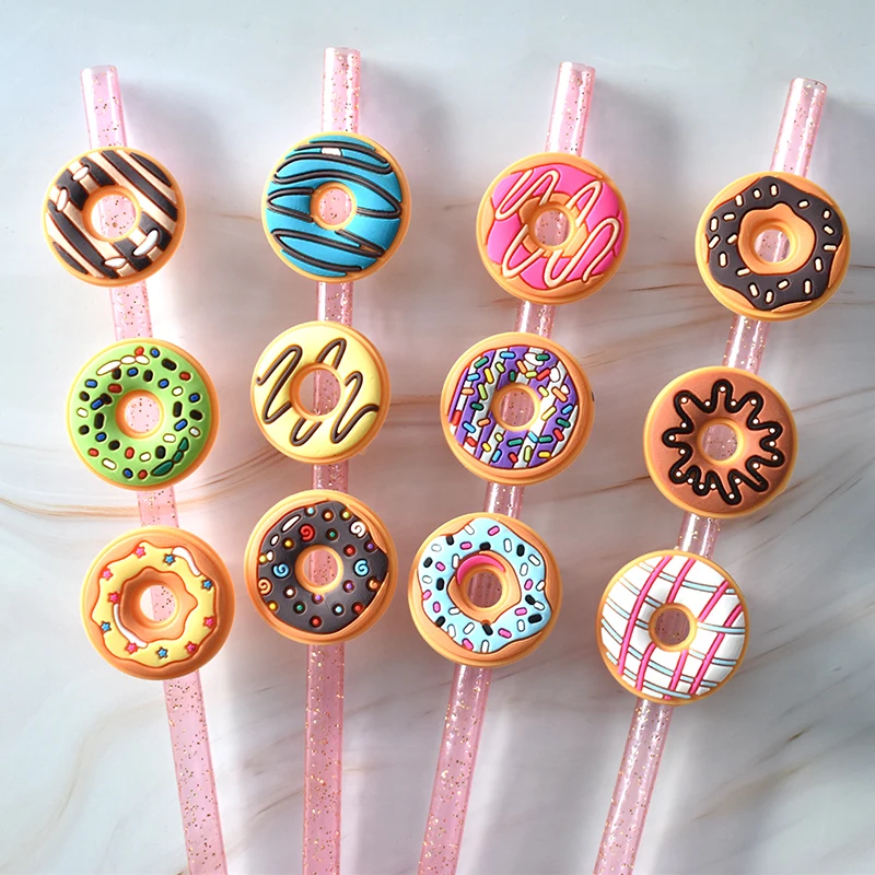 12PCS/set pvc new design Dunkin donuts straw topper charms food straw cover cap for cup kids party decoration straw cap topper