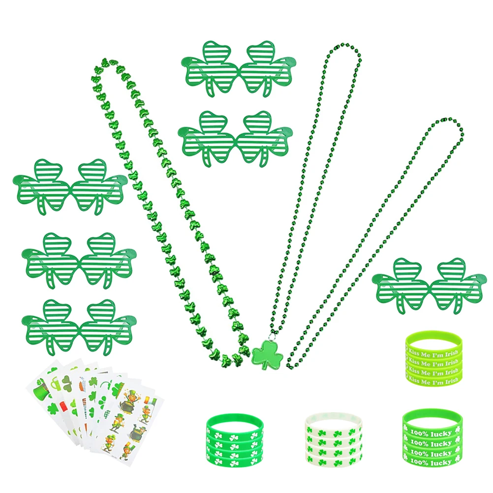 

1 set Clover Glasses Necklace Bracelet Tattoo Stickers Set for St Patrick's Day Party Supplies Green Accessories Eyewear Gifts
