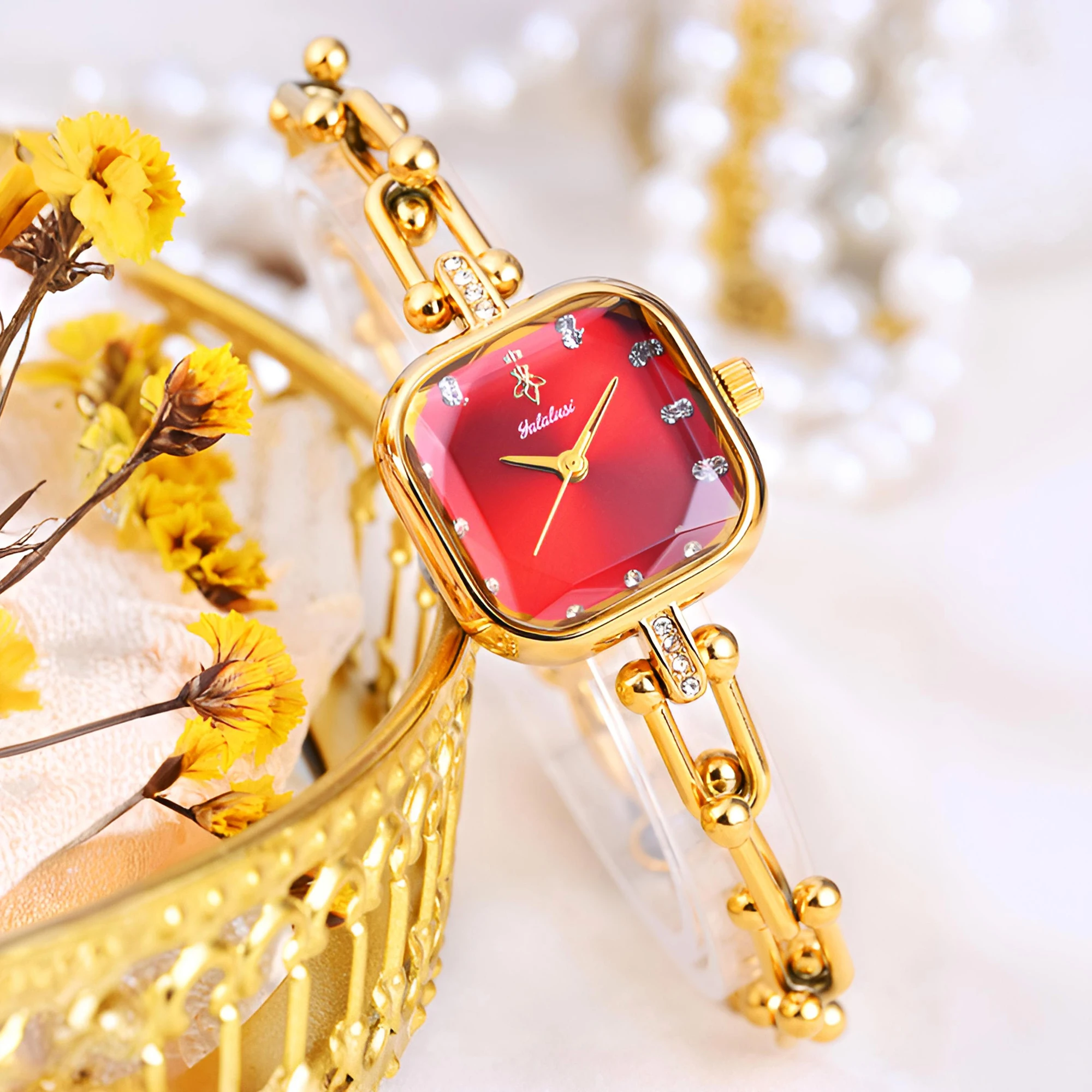

Элегантные женские кварцевые часы YaLaLuSi, роскошные миниатюрные квадратные женские часы с золотым покрытием, подарок для женщин
