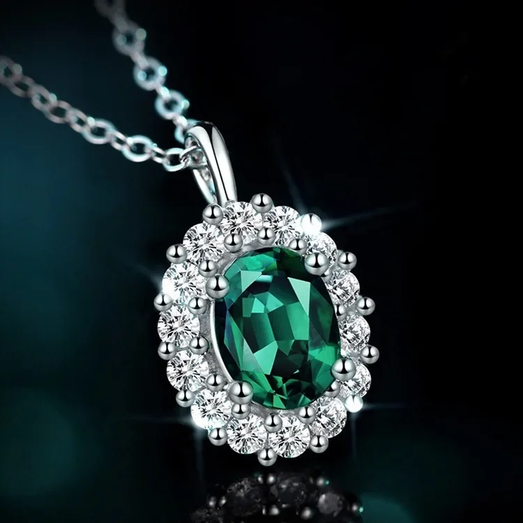 Solid 14K White Gold AU585 Platinum PT950 Emerald Egg Shaped Necklace Jewelry Pendant Green Shaped Court Collar Chain