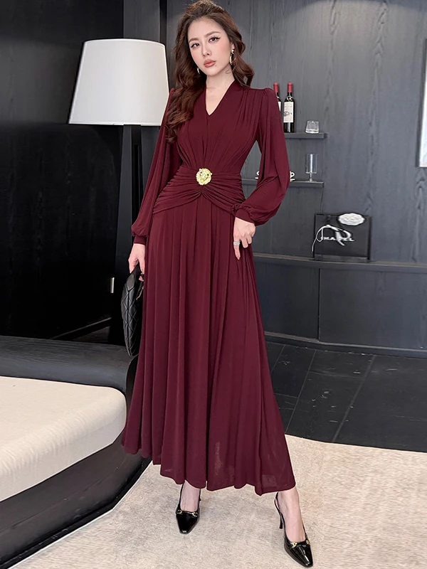

French Sle High Waist Lantern Sve Dr Women's Loose Fit Long Skirt Maxi Dr Spring New V Ne Ba Zipper H pe