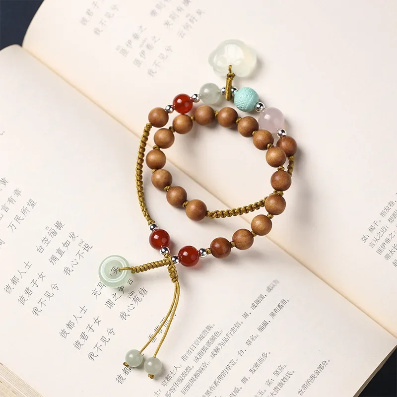 

Natural Sandalwood Xiuyan Jade Pith Bracelet Lock of Safeness and Luck Retro National Trend Double Circle Fairy Small Bracelet