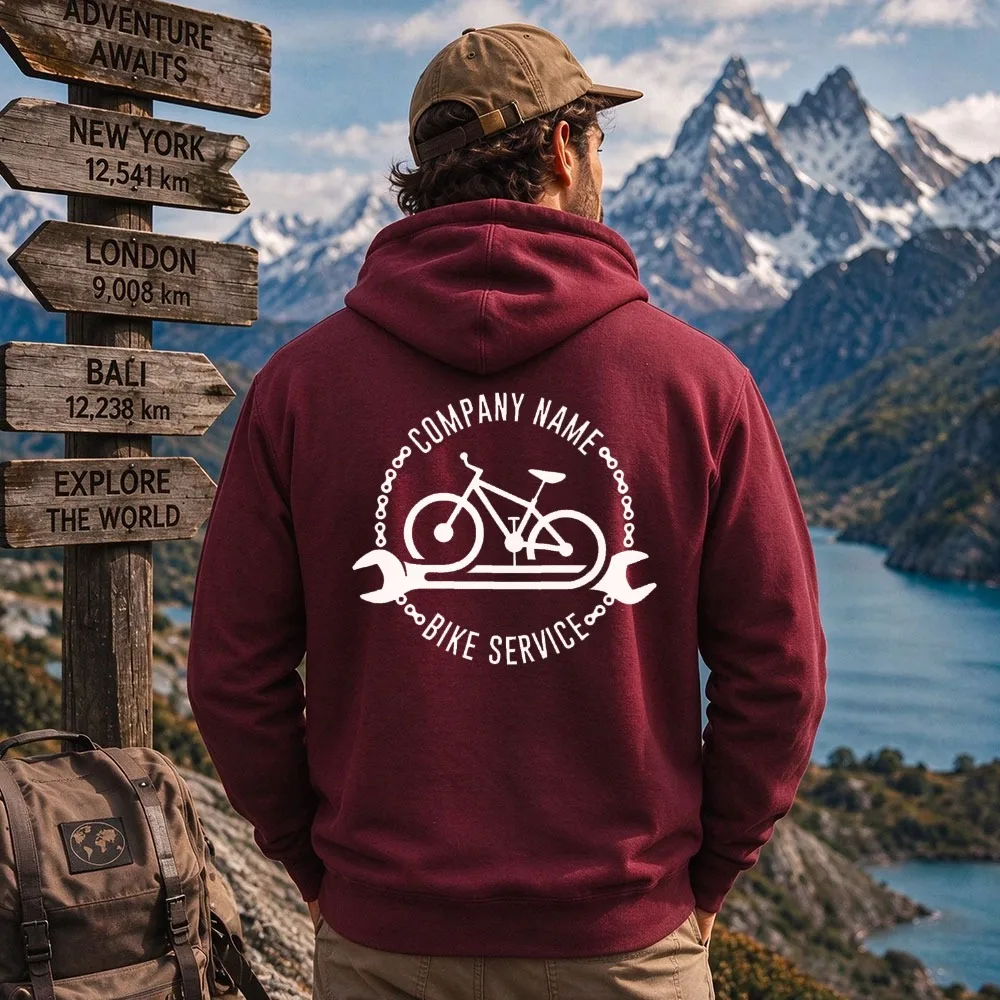 Custom Bike Service Wrench Bicycle Chain Graphic Hoodie Unisex Customizable Company Name Back Print Pullover Bicycle Repair Shop