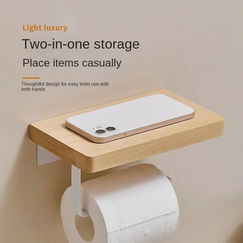

Walnut Toilet Paper Holder - No Drill Bathroom Organizer, Creative Solid Wood Wall Mounted Tissue Box for Modern Toilets