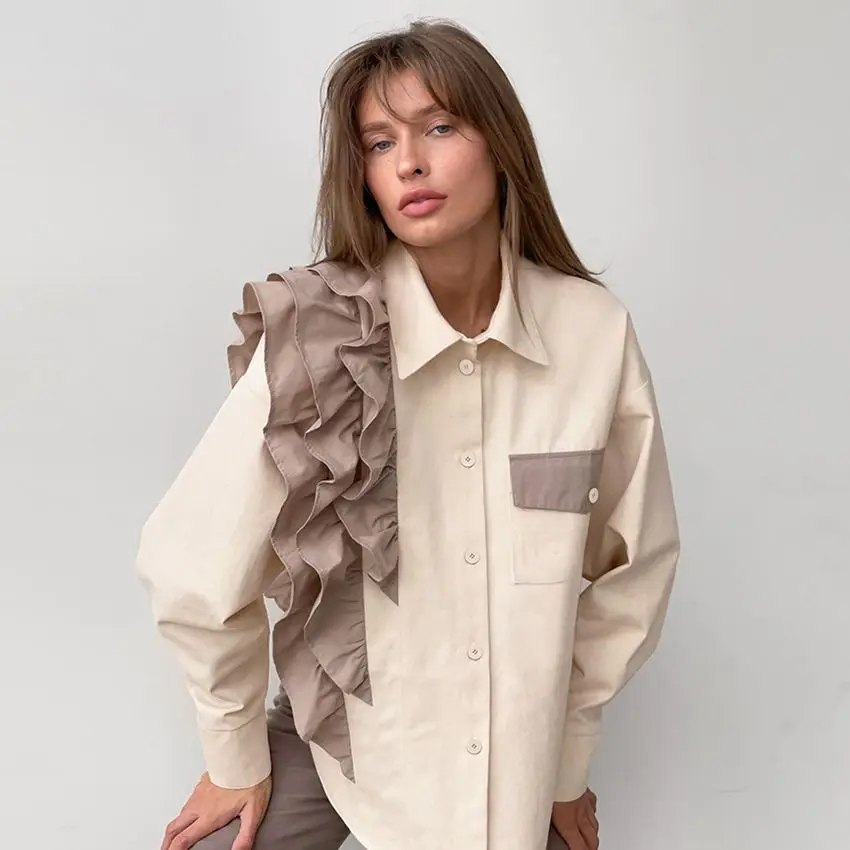 

Women's Asymmetric Lotus Leaf Edge Shirt Autumn Outerwear Female Top Ins Casual Patchwork Design Shirt Jacket