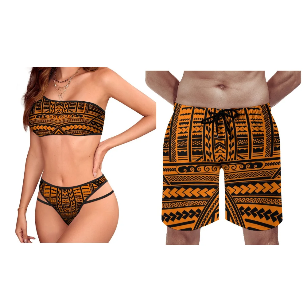 

Polynesian customizable women bandeau bikini men swim trunks orchid print Hawaii style 2025 new yearround