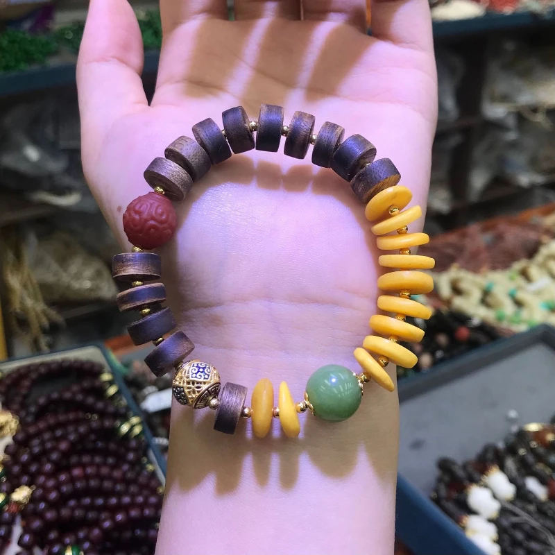 Amber Beeswax Discs Chinese Style Bracelet Agarwood Agate Beaded Jewelry for Women Gifts