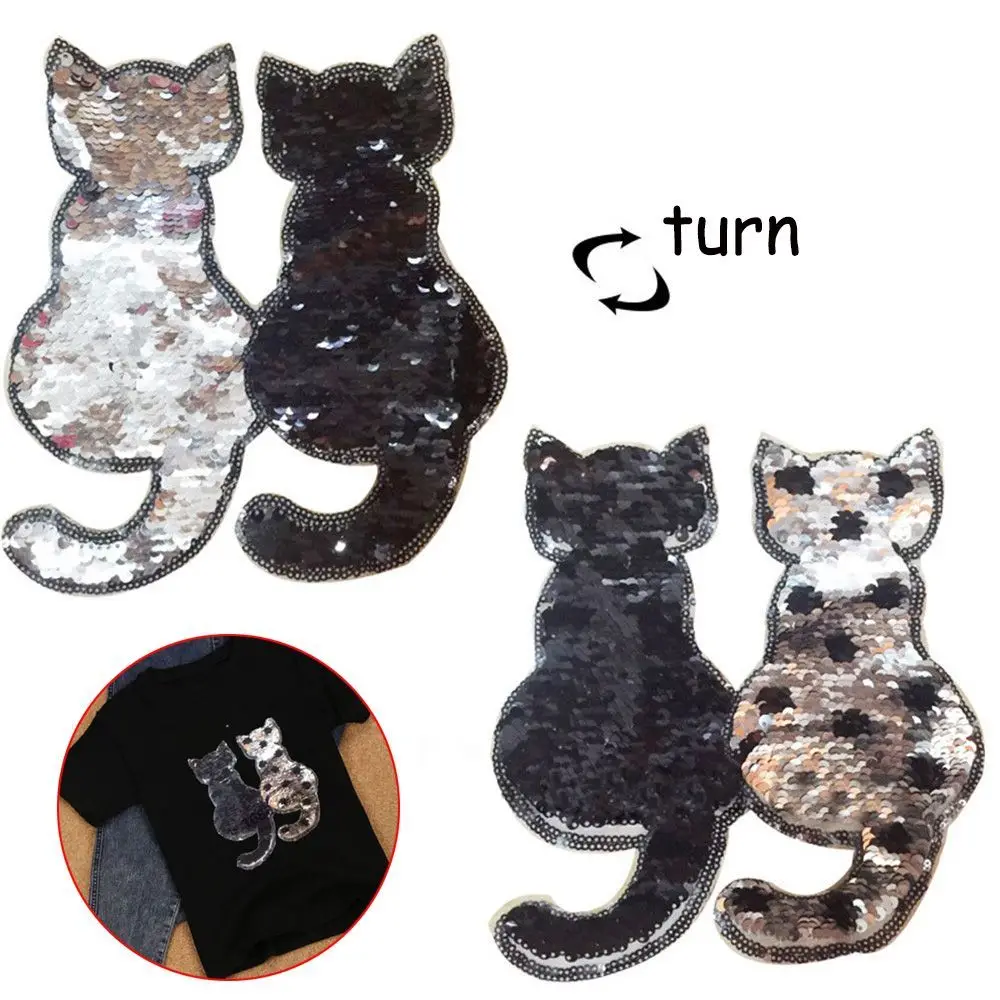 Hot Coat Jeans Sewing DIY Clothes Reversible Color Sequins Cat Patch Applique