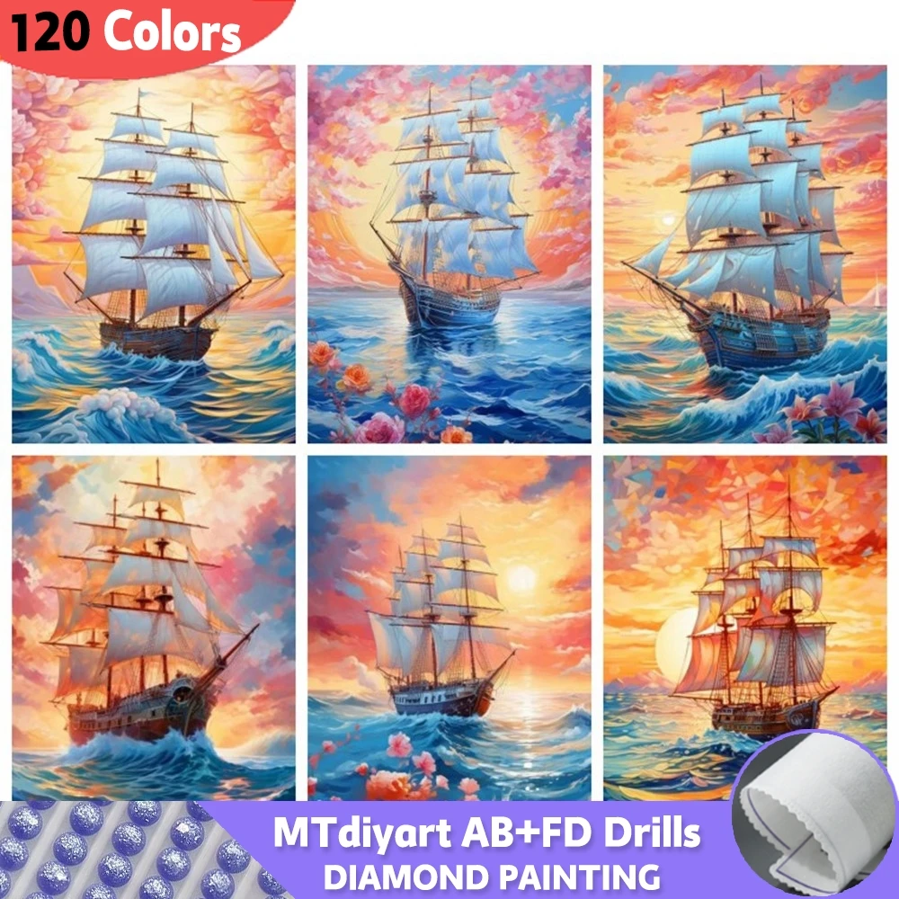 120 Colors Sunset Sailboat AB Fairy Dust Diamond Painting Kits Home Decor Embroidery Mosaic Sea Full Drill Landscape Wall Art