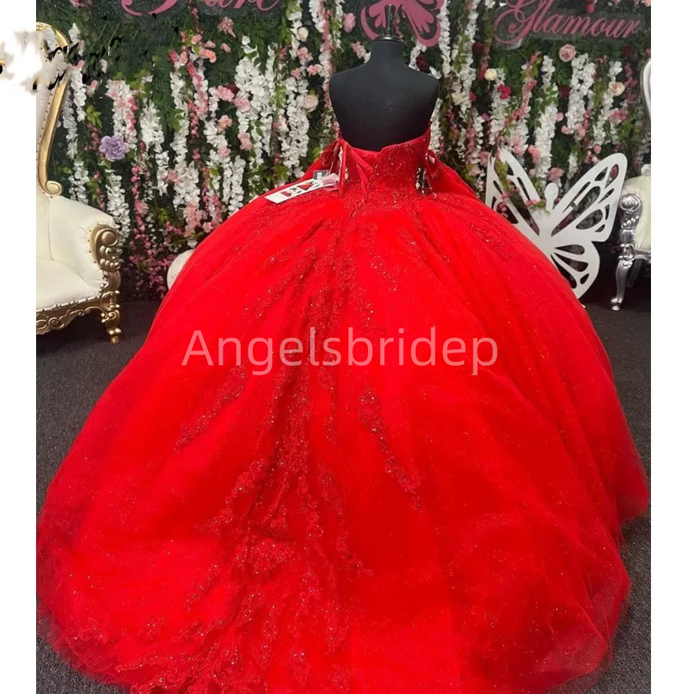 Angelsbride Sparkly Red Ball Gown Quinceanera Dresses With Detachable Long Sleeves Sequined Off Shoulder Vestidos De 15 Años