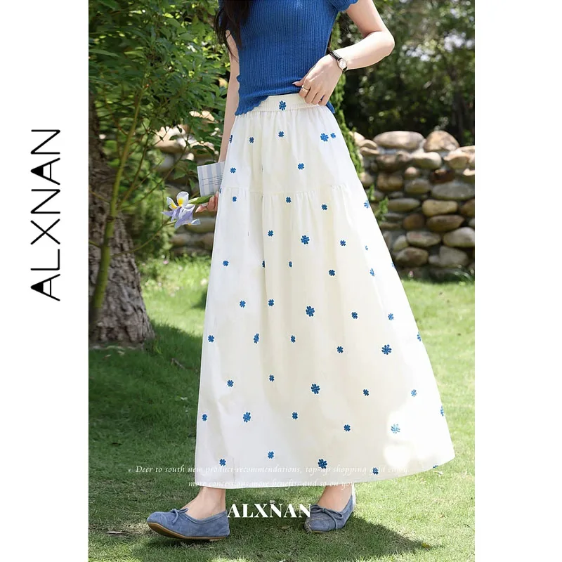 ALXNAN White Tiered Skirt Small Blue Floral Embroidery Double-layer Splicing Long Skirts Cotton 100% Elegant Clothing L658119