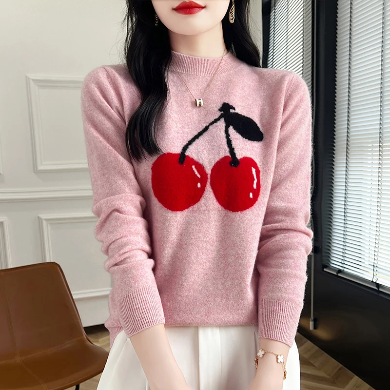 Women\'s Pullover Knitted Sweater Made Of 100% Pure Wool With Half Height Round Neck Long Sleeves For Warmth In Autumn And Winter