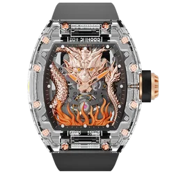 CRONUSART Men Automatic Watch 50mm Tonneau Dragon Dial Mechanical Wristwatch High Transparency Acrylic Case Fluororubber Strap