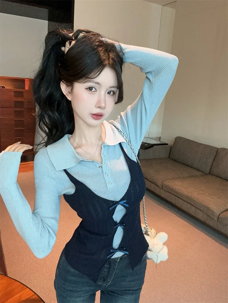 

Женский зимний вязаный топ Slim Fit с длинным рукавом, воротником и цветными блоками, повседневный, для ношения под одеждой