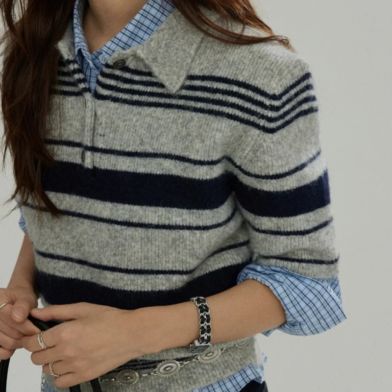 High-end soft temperament striped POLO half-open collar 100% pure wool sweater women's autumn and winter bottom knitted sweater