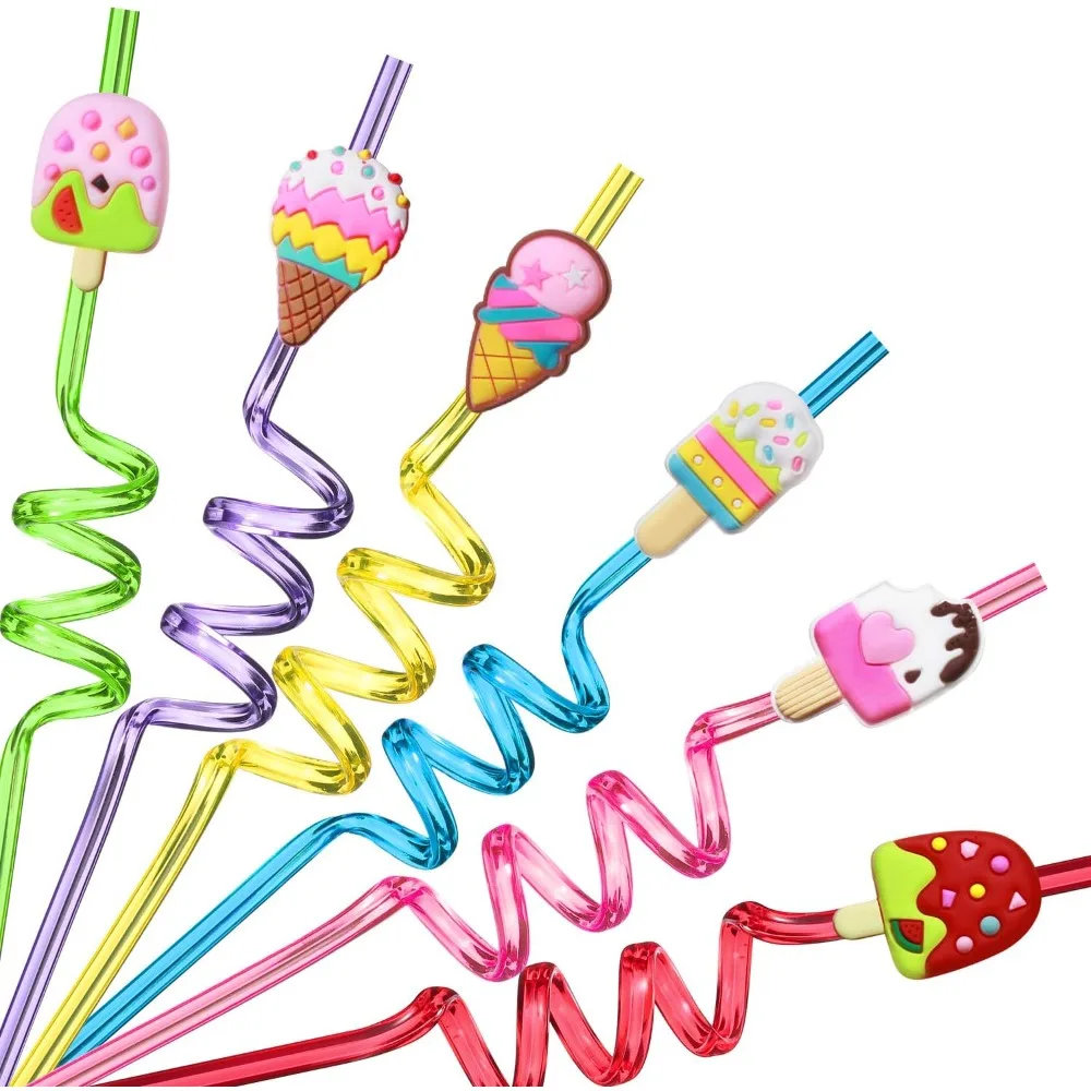 

24 Reusable Ice Cream Straws for Birthday Party Supplies | Party Favors with 2 Cleaning Brush