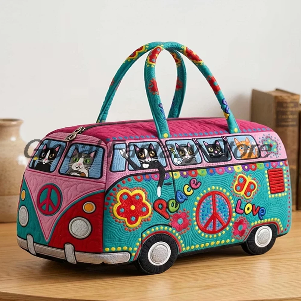 

Hippie Van And Cat Quilted Duffle Bag Peace & Love Inspired Travel Tote Handbag Women Men Outdoor Weekender Bag