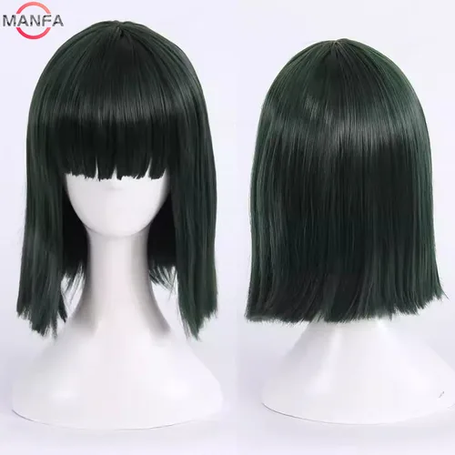 Peluca de Cosplay Fubuki para niñas, pelo sintético resistente al calor, pelucas Bobo de color verde oscuro + gorro de peluca