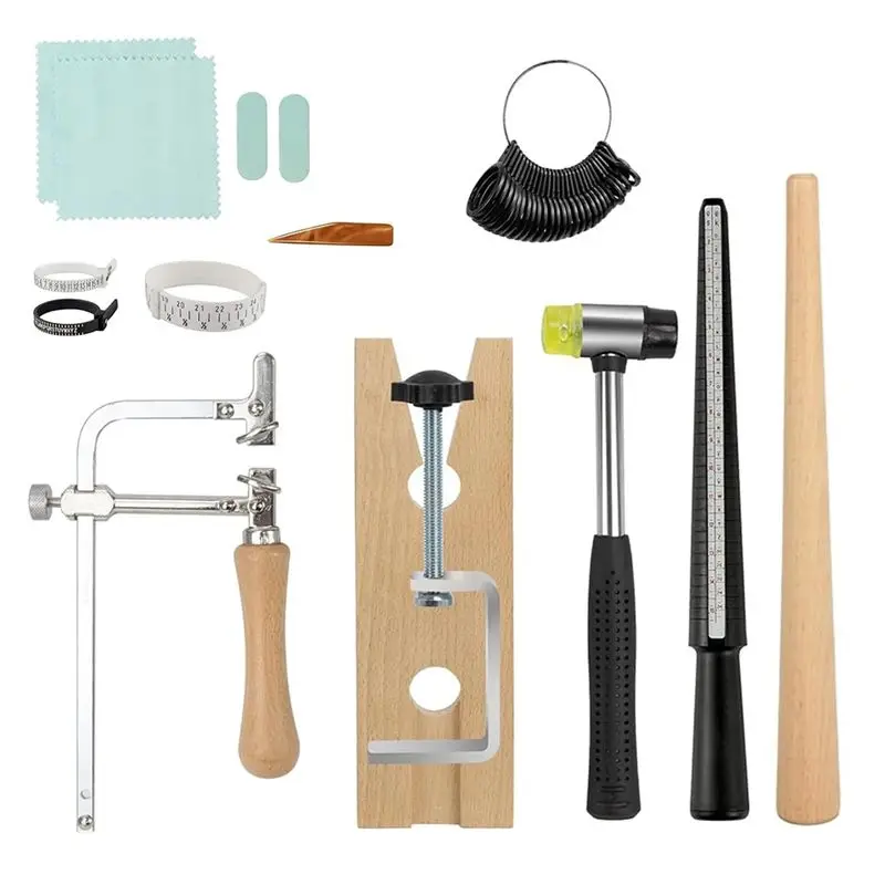 

AEE8-Ring Sizing Tool Kit Ring Making Plastic Ring Sizer Rubber Hammer Saw Polishing Cloth Wooden Stick Ring Making Tools