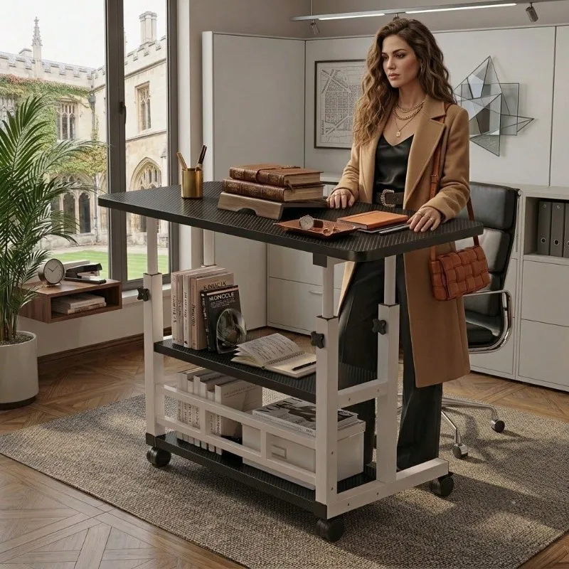Extra-Large Three-Tier Office Computer Desk With Wheels, Mobile Laptop Cart With Double-Layer Storage Shelves, Equipped With Locking Swivel Wheels, Metal Frame, Space-Saving Portable Workstation, Suitable For Living Room, Bedroom, Home Office