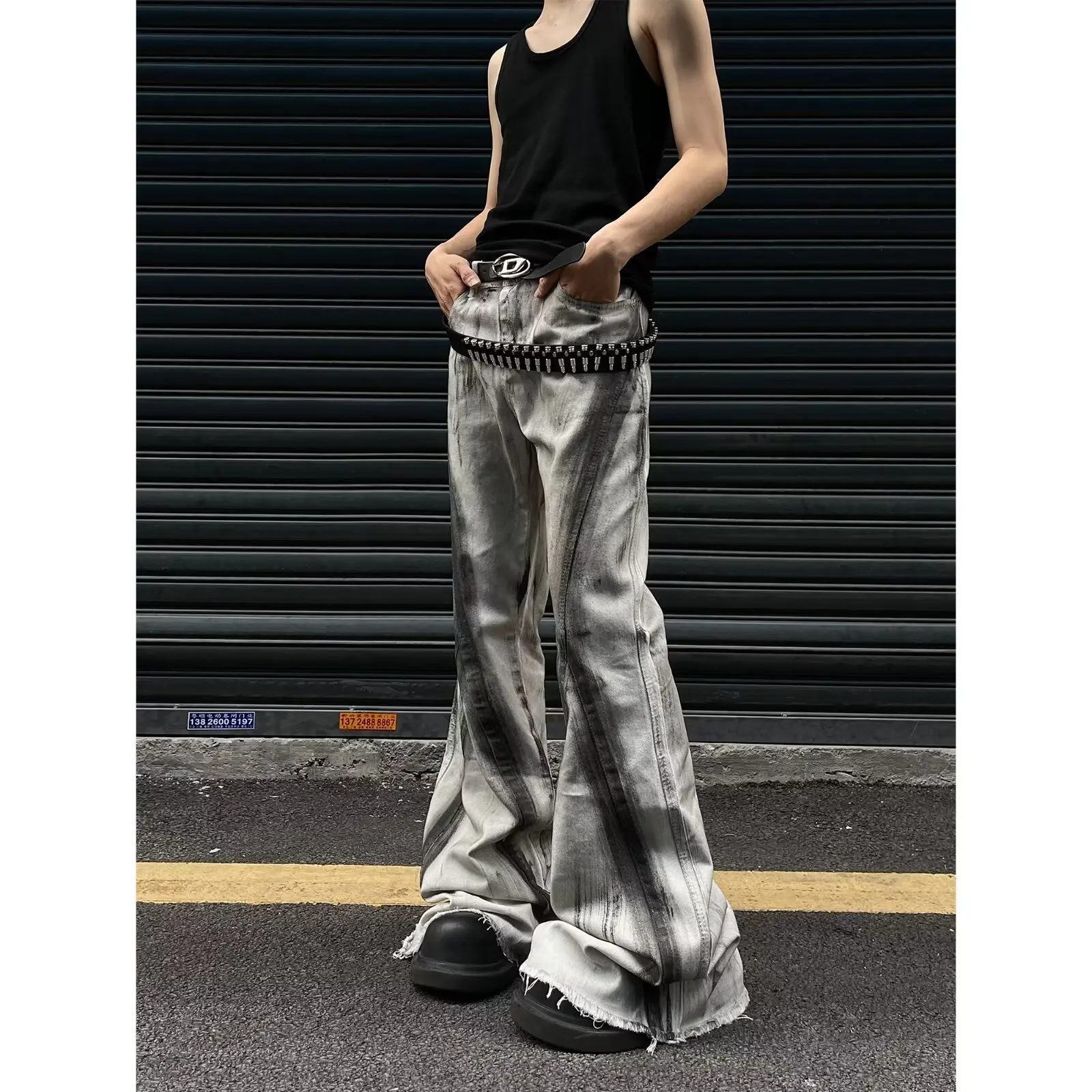 

Мужские джинсы Y2k Harajuku, контрастные расклешенные градиентные винтажные модные повседневные трендовые джинсы длиной до пола в стиле хип-хоп с принтом тай-дай Je
