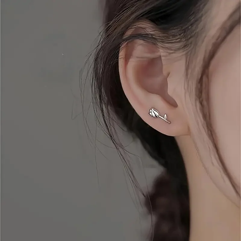 Huitan الحلو زهرة التوليب إسقاط أقراط 925 فضة لامعة رومانسية الحب اكسسوارات رائع مجوهرات الزفاف للنساء #5