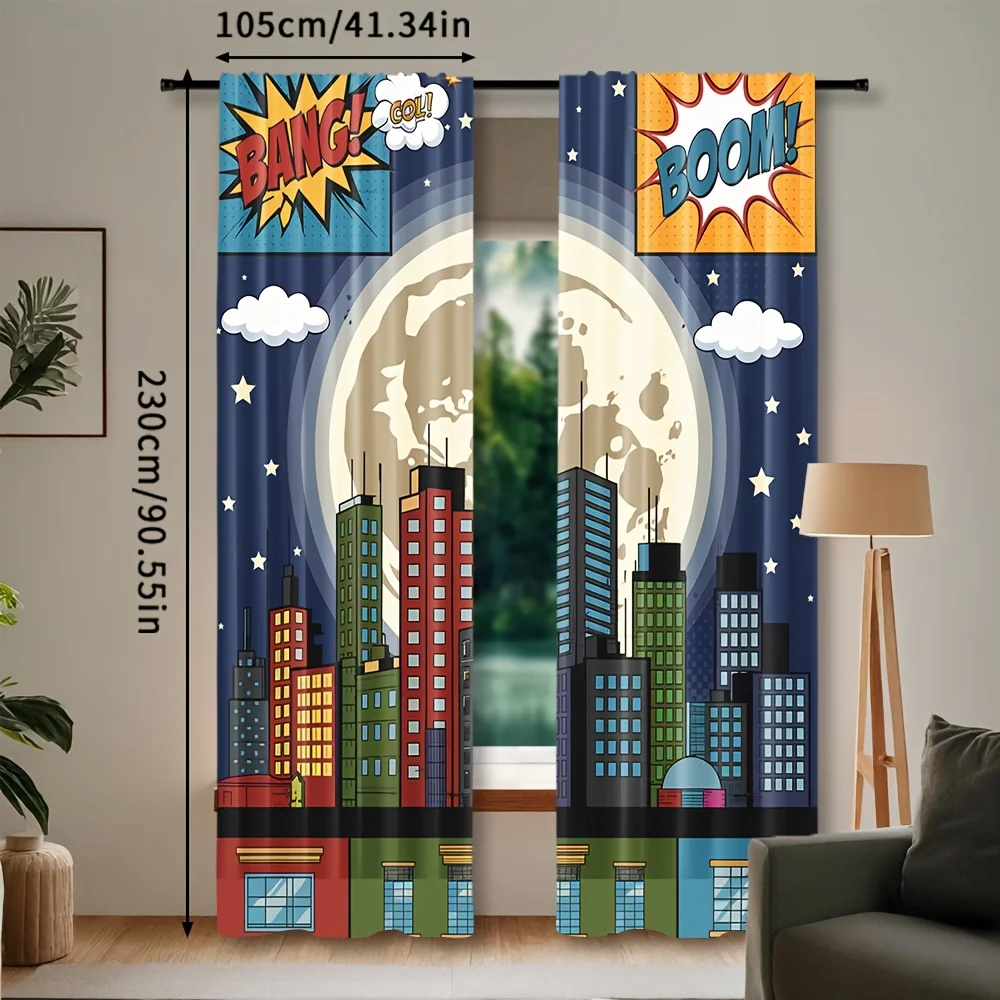 Pop Art Comic Book Cityscape Curtains Retro Moon Sky Window Drapes Modern Home Decor Aesthetic Curtain Panels