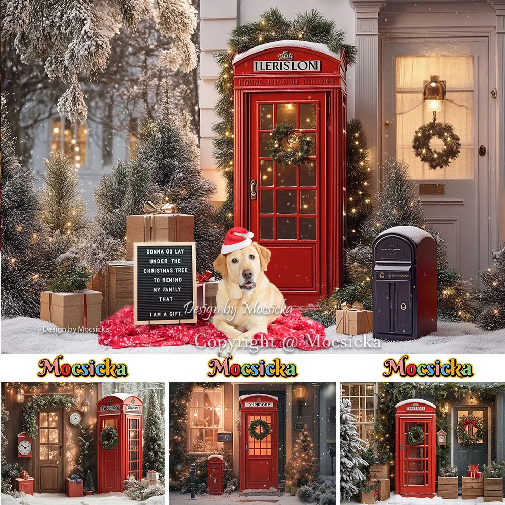 Mocsicka Weihnachten Hintergrund Fotografie Rot Phonebooth Weihnachtsbaum Schneeflocke Hintergrund Winter Kinder Familie Outdoor Foto Studio