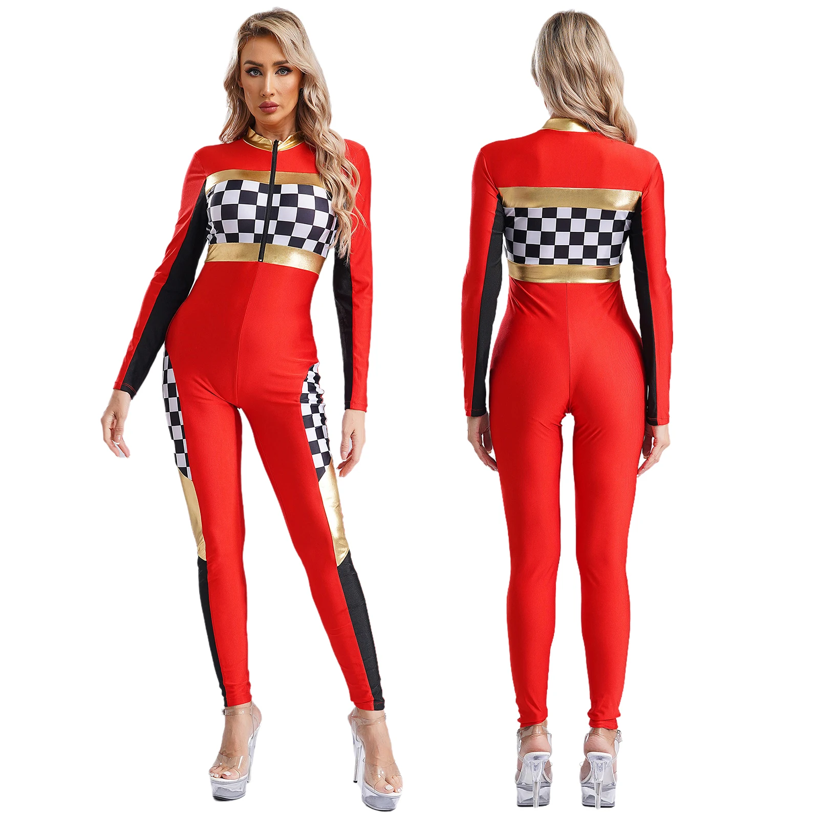 Womens Sexy Racer Costume Race Car Driver Cheerleading Cosplay Jumpsuit Long Sleeve Checkerboard Bodysuit Carnivals Clubwear