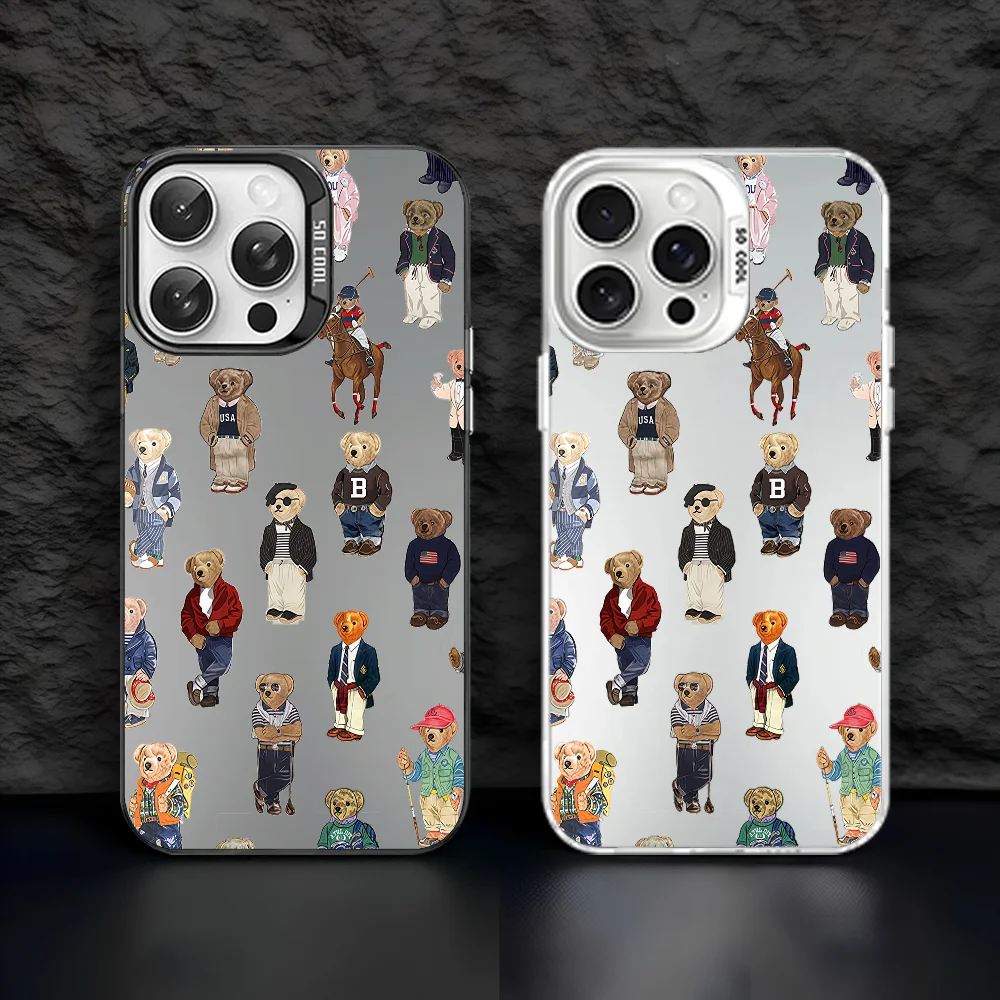 حافظة هاتف P-polo Bear لهاتف آيفون 16 15 14 13 12 11 Pro Max أبيض غير لامع ليزر معدني أورورا فوندا #1