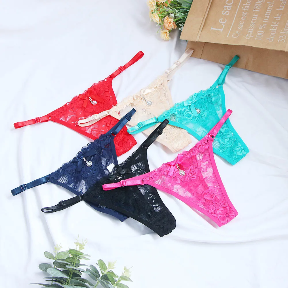 Low-waist Women Thong Transparent Seamless T-Back G String Cotton Crotch Pendant diamond Sexy Briefs Lace Panties