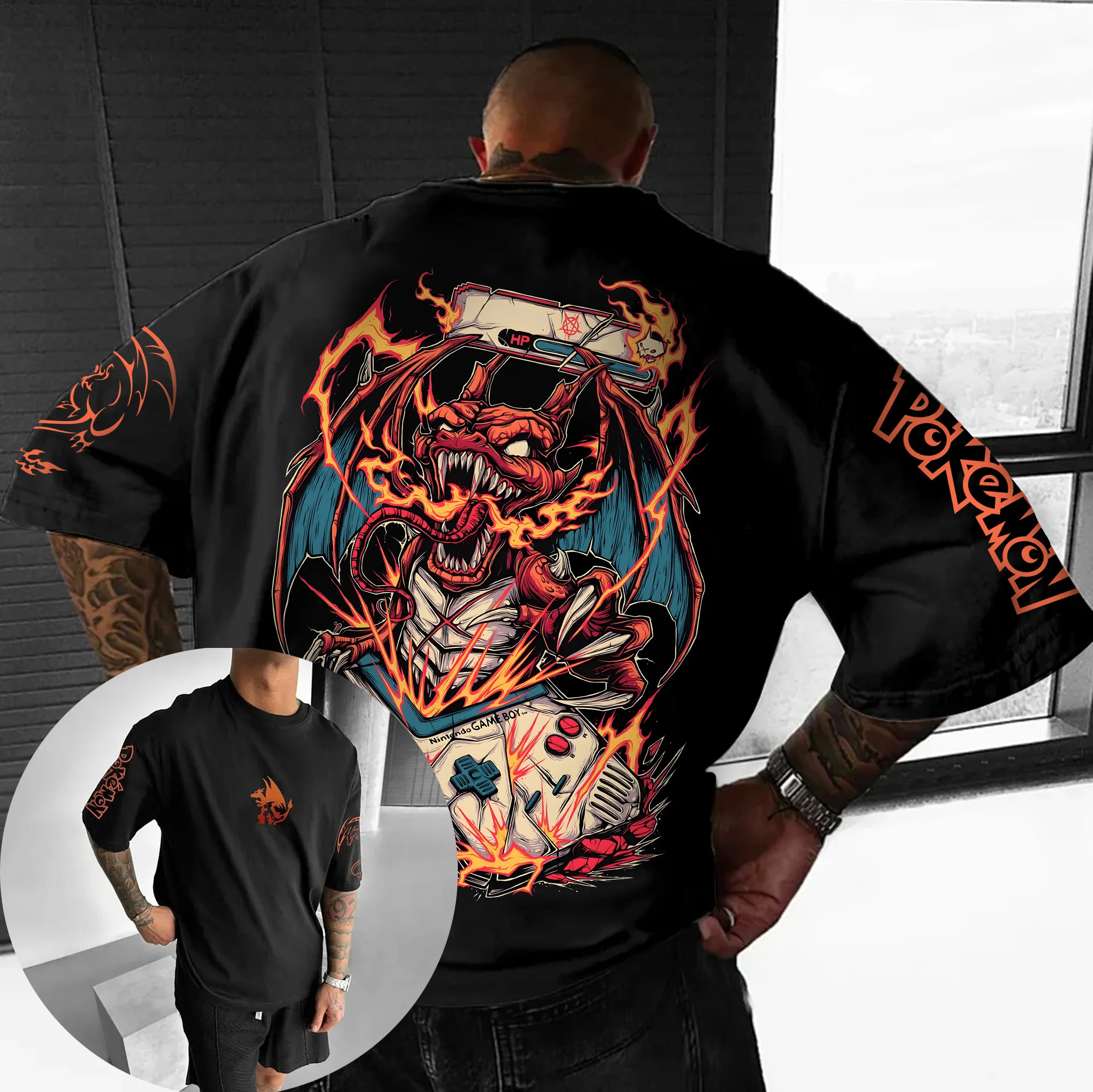 camiseta-masculina-nova-colecao-verao-2026-anime-pokemon-dragao-flamejante-moda-americana-casual-solta-pesada-oversized